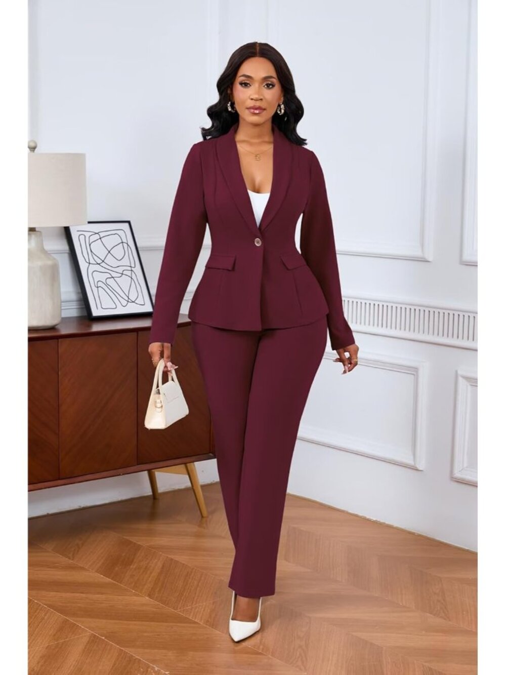 Women's Red 2 Piece Pant Suits Dressy Blazer Straight Leg Set Formal Outfits - Picture 6 of 6